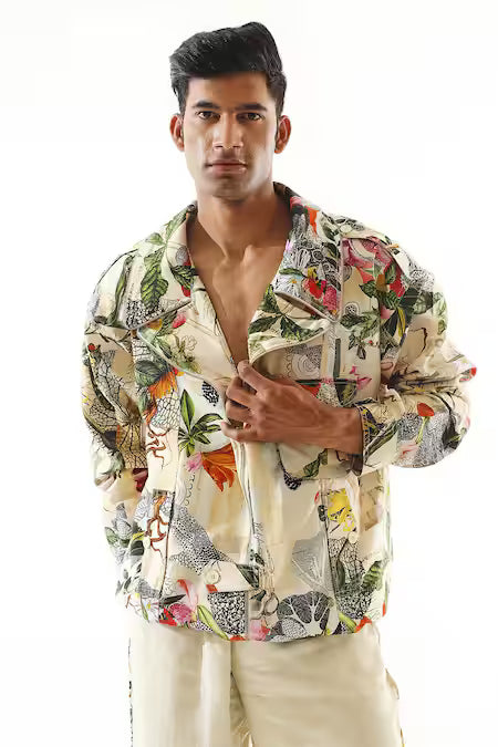 Mahima Mahajan Multi Color Denim, Silk Tropical Jungle Print Jacket