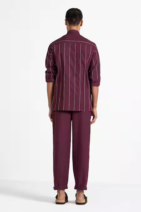 Three Maroon Cotton Poplin Front Pleated Pant