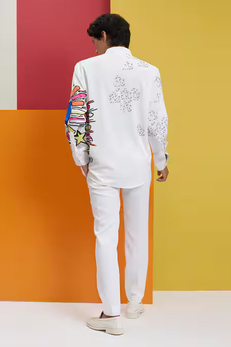 Nautanky White Polyester Embroidery Gardenia Placement Doodle Print Shirt
