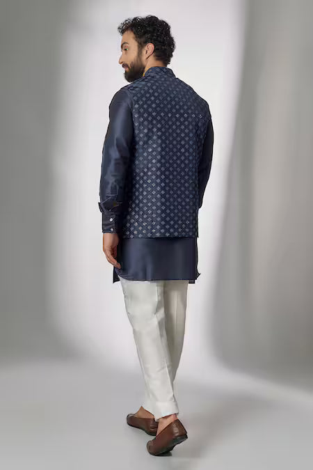 Spring Break Blue Silk, Cotton Sequins Embroidered Nehru Jacket With Kurta Set