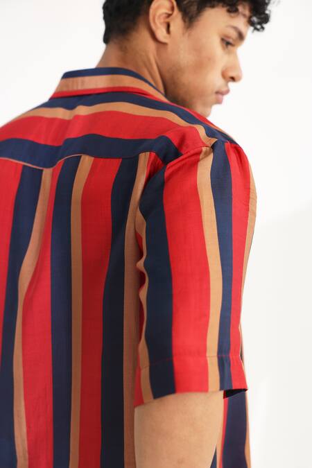 Koai Red Cotton, Silk Striped Button Down Shirt