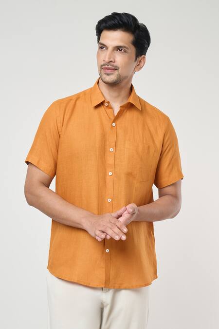 Arihant Rai Sinha Orange Linen Plain Half Sleeves Shirt