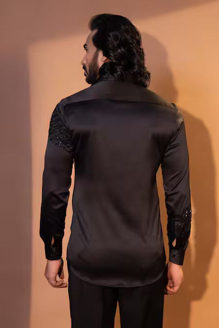 Yoseba Black Satin Cut Work Obsidian Diagonal Embroidered Shirt