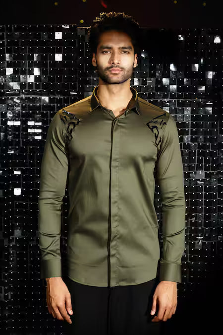 Sanjana Reddy Designs Green Cotton Embroidery Two Side Panther Shirt