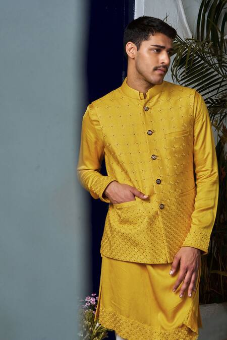 Philocaly Yellow Cotton, Silk Embroidery Lattice Bundi Kurta Set