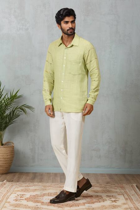 Ewoke Green Hemp Embroidery Floral Sleeve Shirt