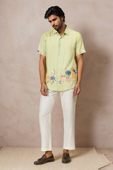 Ewoke Green Hemp Embroidery Floral Shirt