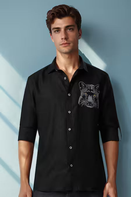 Arihant Rai Sinha Black Linen Embroidery Panther Shirt