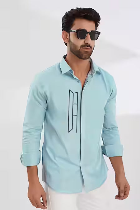 Hespoke Blue Cotton, Lycra Embroidery Geometric Casual Shirt