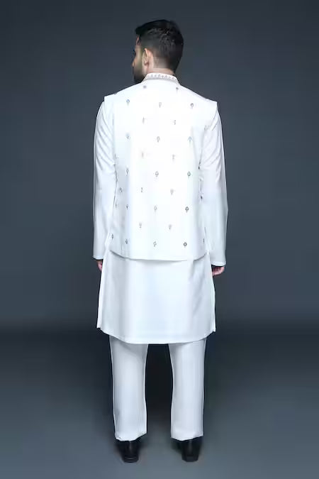 Sanjev Marwaaha Ivory Cotton, Silk Sequins, Beads Floral Hand Embroidered Bundi Kurta Set