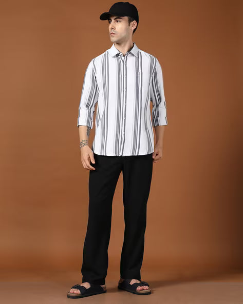 ALPHA TRIBE Men Striped Slim Fit Cotton Shirt