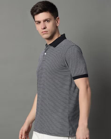 ALPHA TRIBE Men Stripes Print Regular Fit Polo T-Shirt