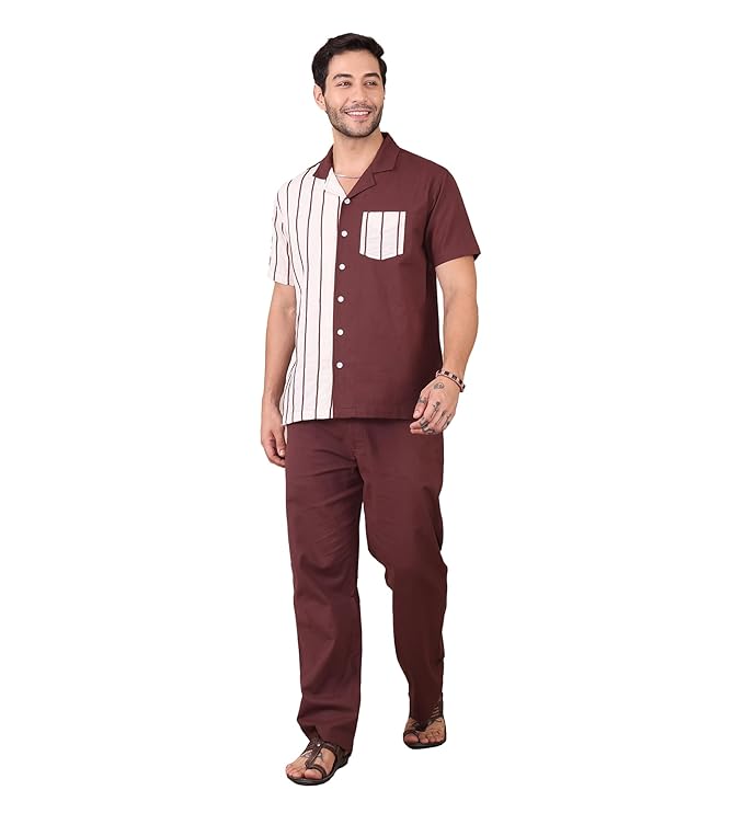 Amanush Men's Striped with Solid Pure Cotton Co-Ord Set For Men|2 Piece Sets|Trouser & Shirts Combo|Vacation Dress|Casual|Latest|New