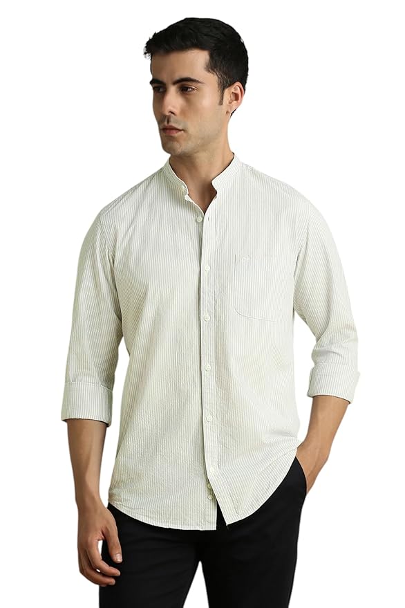 Peter England Classic Striped Cotton Mandarin Collar Shirt for Men – Full Sleeves, Business Casual