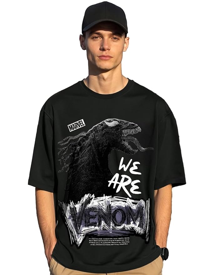 Bewakoof Official Marvel Merchandise Venom Men's 100% Cotton 220 GSM Graphic Print Oversized Fit Round Neck T-Shirt