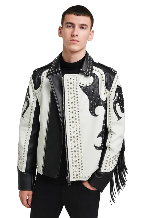 DEAL TO EASY Men’s Tribal Rock Punk Gothic Rivet Silver Studded Motorcycle Asymmetrical Fringe Two Tone Biker Faux Leather Jacket