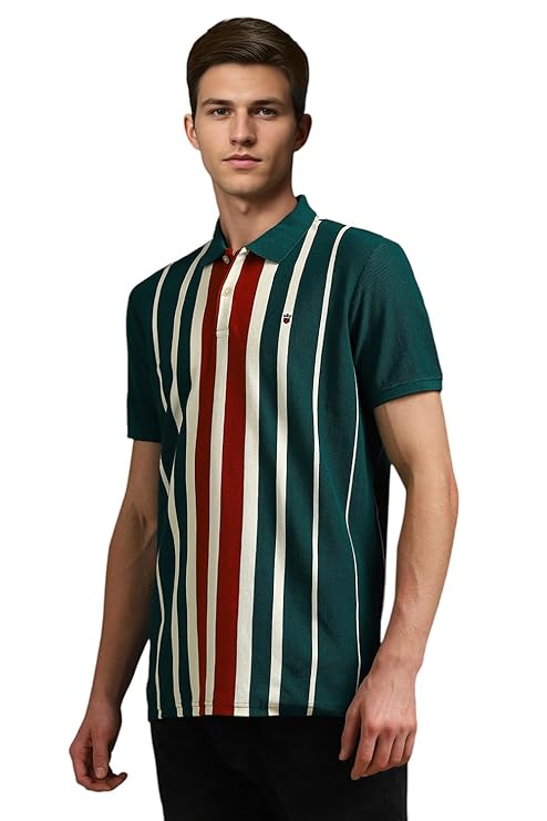 Louis Philippe Men's Stripe Polo Neck Slim Fit T-Shirt