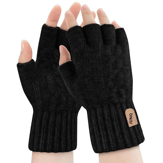 HUNTSMANS ERA Half Finger Woolen Winter Gloves for Men Women– Warm & Soft Knitted Gloves for Cold Weather (BLACK, MEDIUM)
