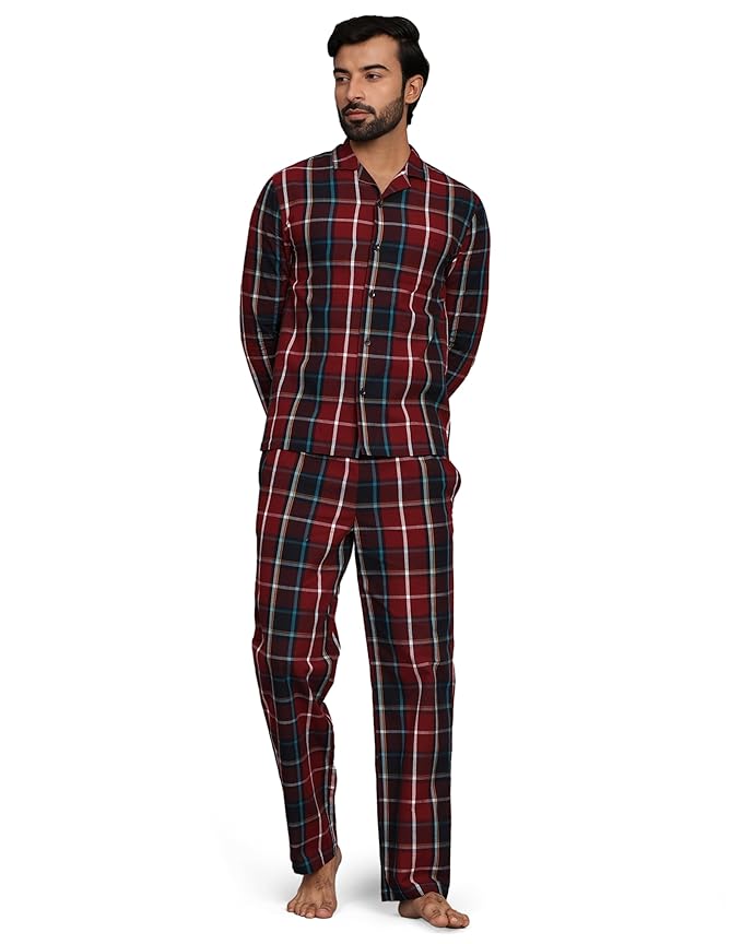 B STORIES Men's Woven Cotton Regular Fit Full Sleeve Checked Night Suit Set of Shirt and Pyjama