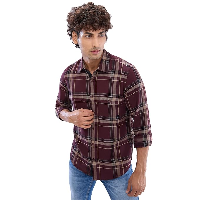 Spykar Full Sleeve Slim Fit Checkered Green Shirts for Men
