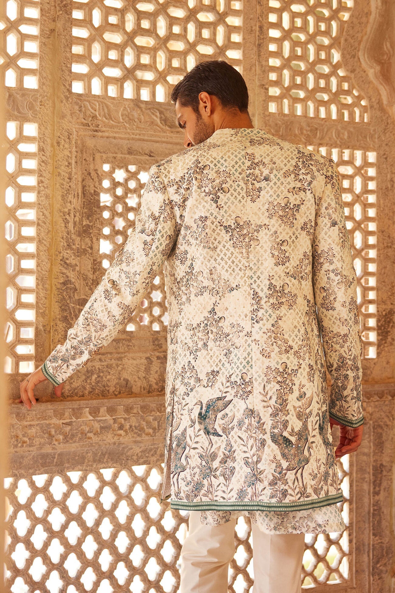 Rukham Printed Silk Sherwani - Ivory