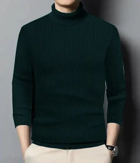High Neck Men Wool Blend Green Pullover