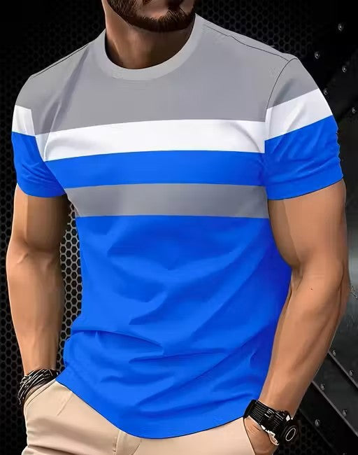 Men's Color Block Round Neck T-Shirt - Casual Summer Sportswear, Stretch Polyester Blend, Comfortable Knit Fabric for Casual Attire, Casual Outings | Relaxed Fit Top | Durable Fabric, T Shirt