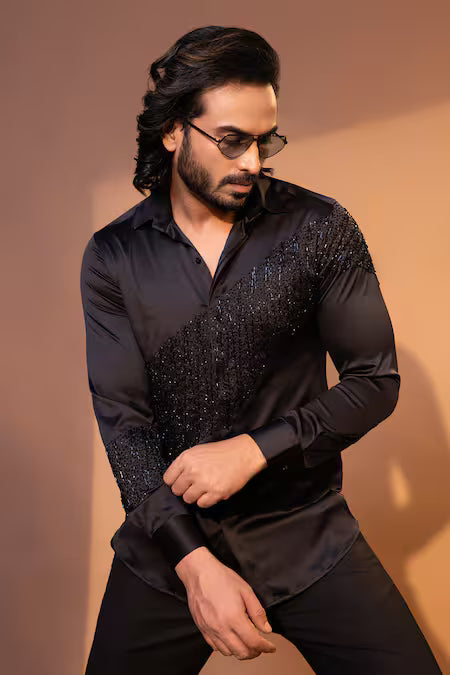 Yoseba  Black Satin Cut Work Obsidian Diagonal Embroidered Shirt