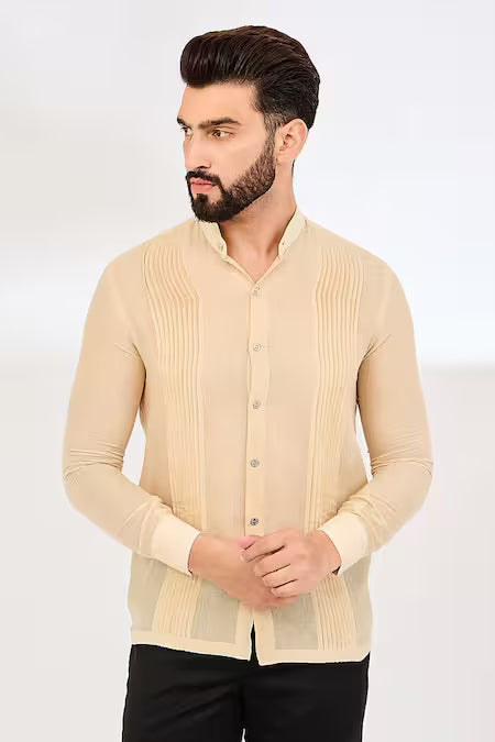 Vaani Beswal  Beige Cotton Pleated Button Down Shirt