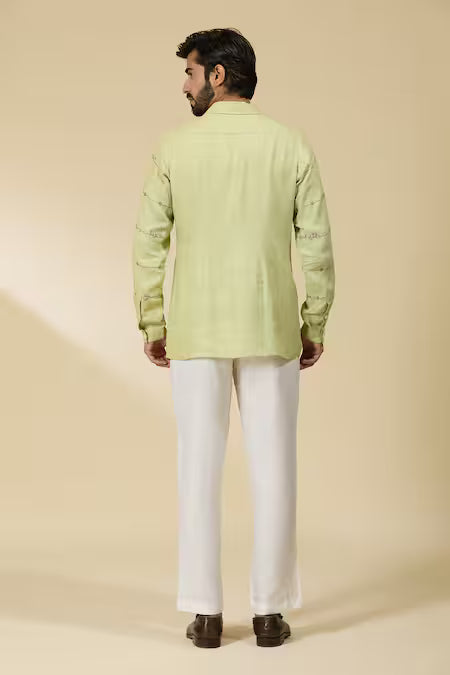 Ewoke  Green Hemp Embroidery Floral Sleeve Shirt