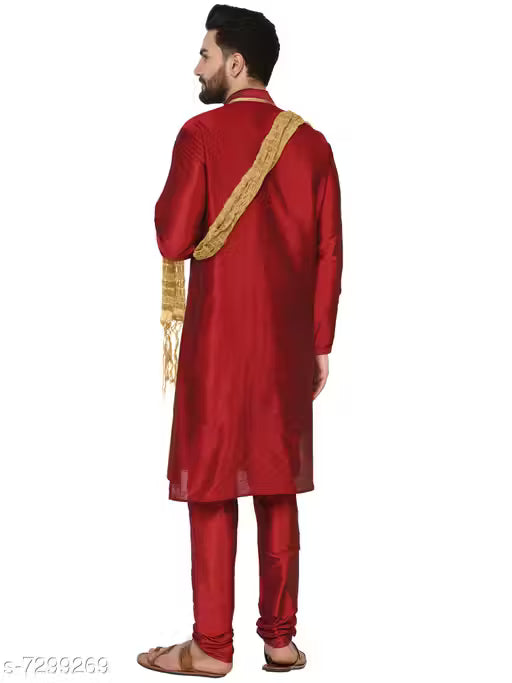 SKAVIJ Men's Dupion Art Silk Kurta Pajama and Scarf Set