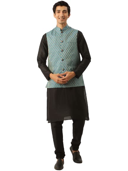 SOJANYA (Since 1958 Men's Silk Blend Black Kurta Pyjama & Maroon Self Design Nehru Jacket Combo