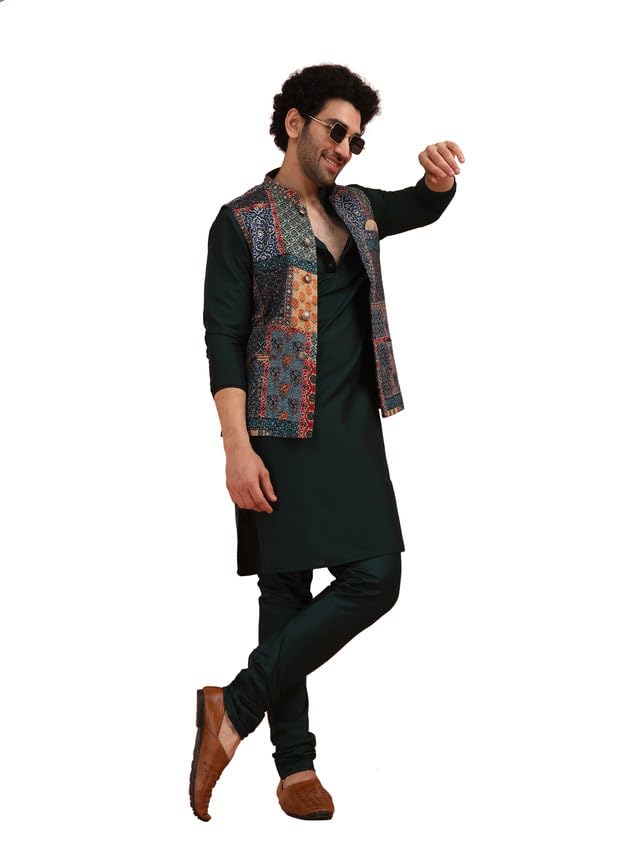 KISAH Men's Printed Kurta Jacket Churidar Set