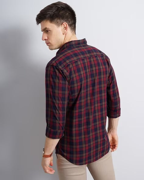 BRITISH CLUB Windowpane Checks Slim Fit 60'S Giza Cotton Shirt