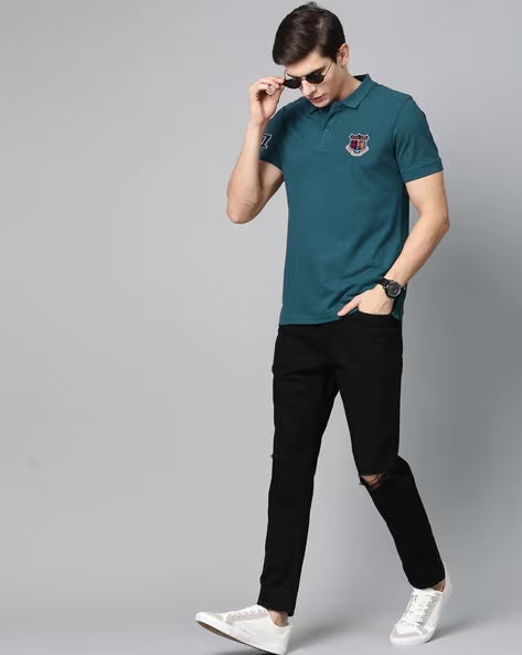 ALPHA TRIBE Men Embroidery Regular Fit Polo T-Shirt