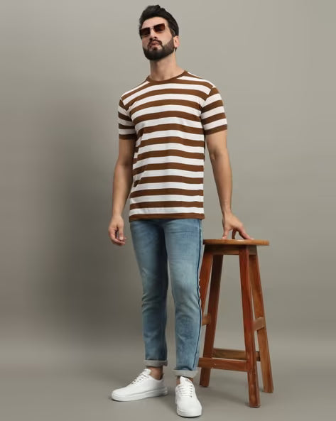 ALPHA TRIBE Men Stripes Print Regular Fit T-Shirt