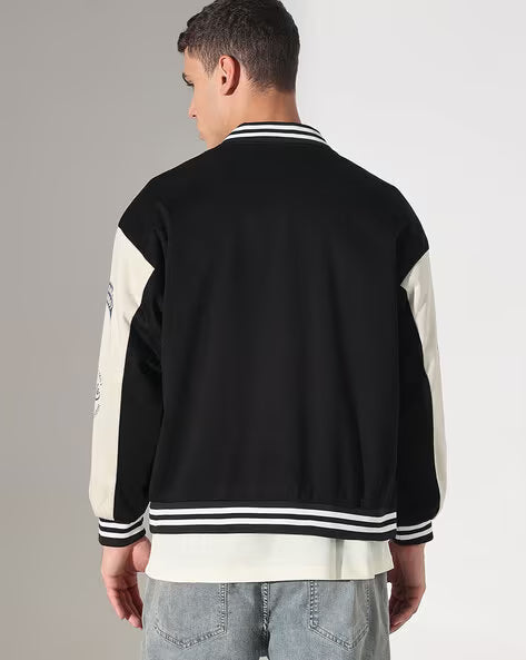 SHOWOFF Men Typographic Print Regular Fit Biker Jacket with Button-Closure