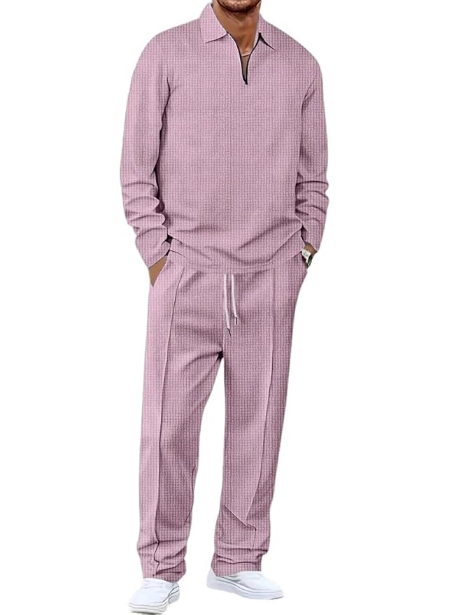 Jawdrobe Men’s Waffle-Check Co-Ord Set | Self-Textured Collar Top | Drawstring Jogger Pants | Cotton-Blend Loungewear/Night-Suit | Casual Travel & Streetwear Two-Piece