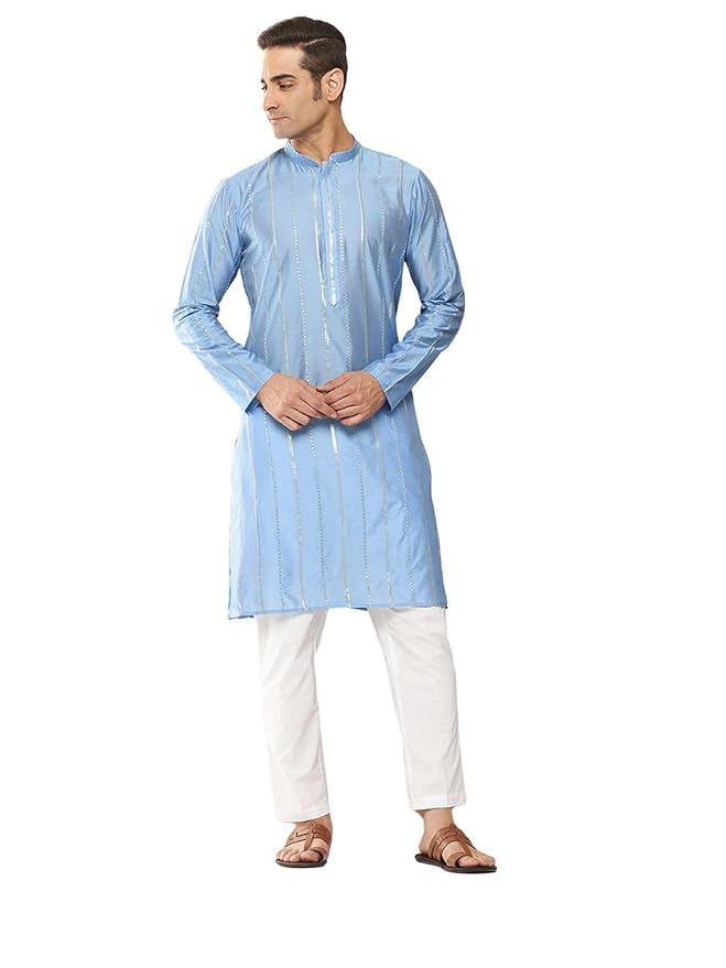 See Designs Men's Long Sleeve Side Slit Embroidered Thread Work Chanderi Silk Straight Mandarin Collar Kurta