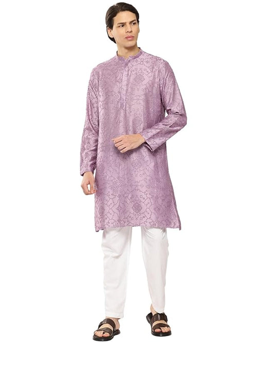 See Designs Men's Long Sleeve Side Slit Embroidered Thread Work Chanderi Silk Straight Mandarin Collar Kurta