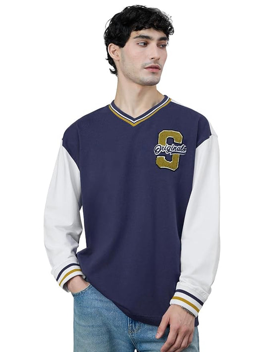 The Souled Store Varsity Style: Blue League Men and Boys Full Sleeves Round Neck Navy Blue and Off White Embroidered Cotton Oversized T-Shirts