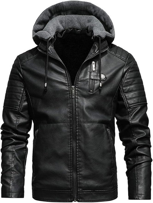Blaq Ash Men's Faux Leather Hooded Motorcycle Jacket