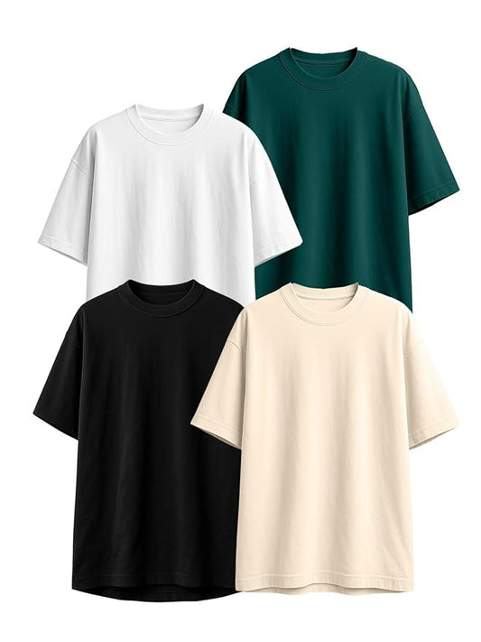 Veirdo® 100% Pure Cotton Oversized Loose Fit Half Sleeve Solid Core Round Neck Multicolor T-Shirt Combo for Men & Boys