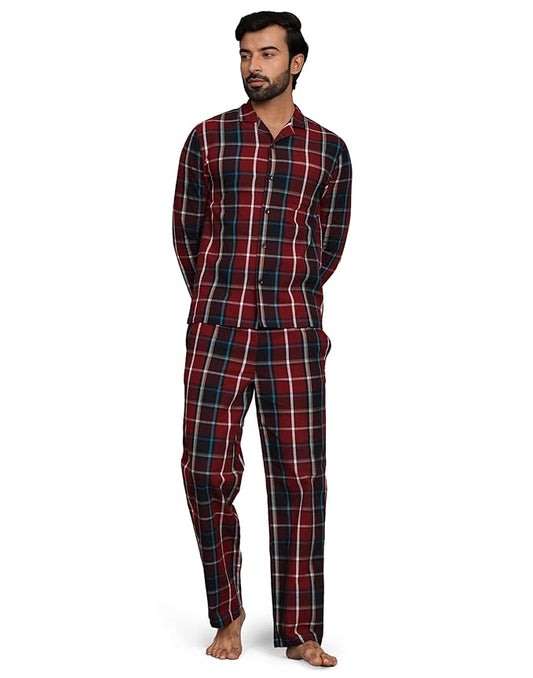 B STORIES Men's Woven Cotton Regular Fit Full Sleeve Checked Night Suit Set of Shirt and Pyjama