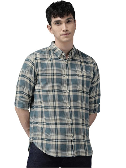 THE BEAR HOUSE Men's Checked Slim Fit Flannel Casual Shirt | Blue & White