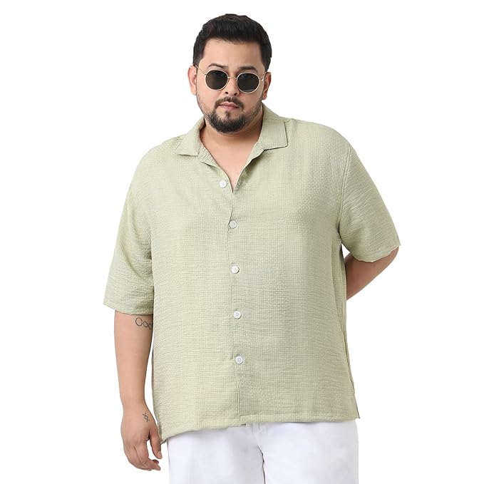 Urbano Plus Men's Cotton Half Sleeve Oversized Fit Textured Shirt with Cuban Collar