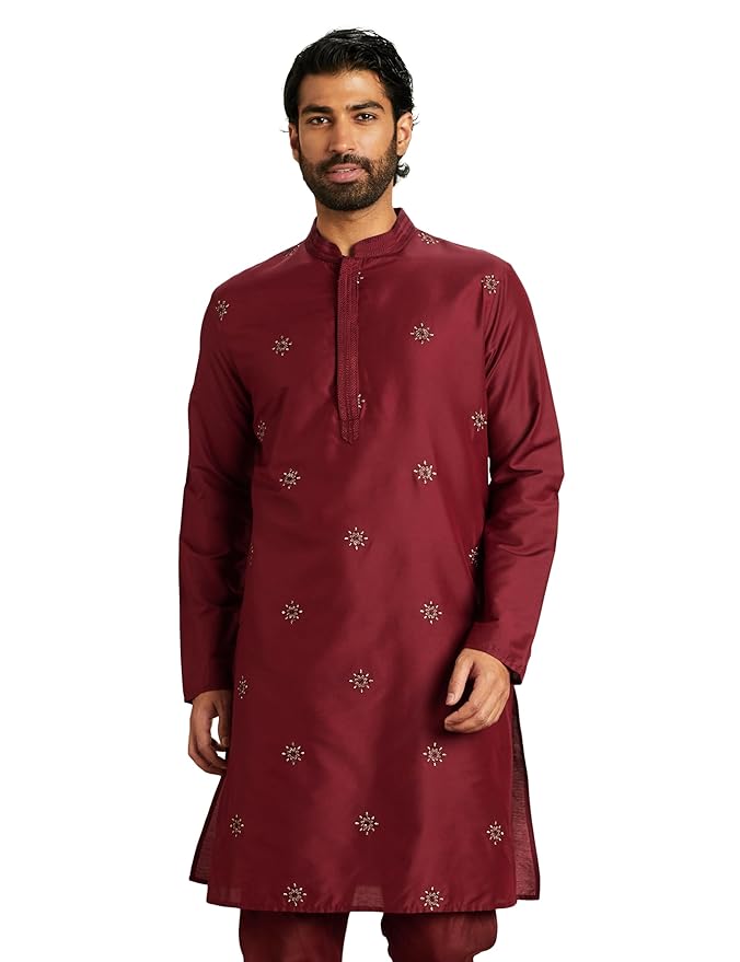 Amazon Brand - Symbol Men's Rayon Blend Solid Regular Festive Embellished Long Kurta