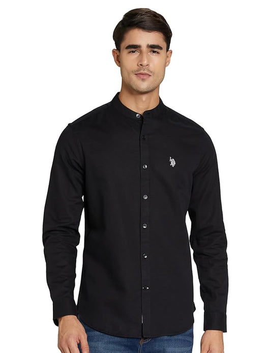 U.S. POLO ASSN. Men's Solid Cotton Linen Mandarin Collar Full Sleeve Shirts
