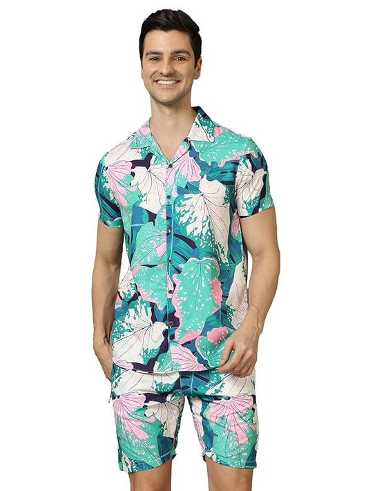 Bushirt Mens Printed Regular Green Color Night Suit Set-