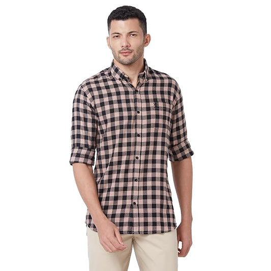 Giordano Men's Slim Fit Gingham Checked Button Down Collar Long Sleeves Regular Length Chest Patch Pocket Pure Cotton Casual Shirt